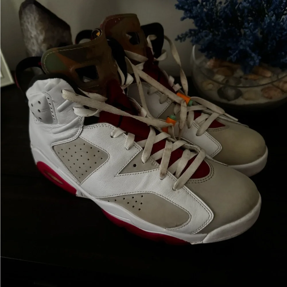 Air Jordan High-Top Sneakers in White, Beige, and Red